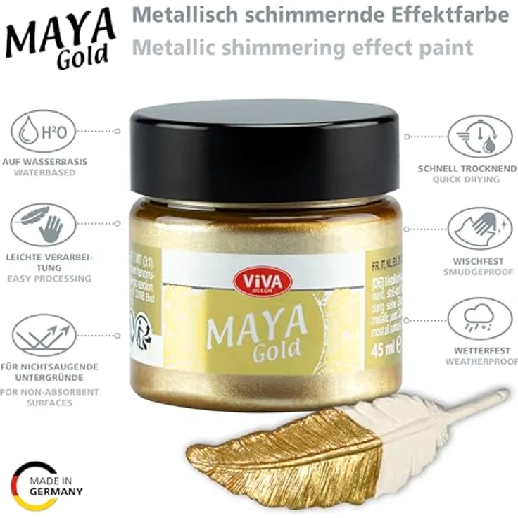Viva Decor Maya Gold 45ml, Metallic-Acrylfarbe in Gold für Holz, Glas und Porzellan - stoßfest, wischfest, wetterfest für glänzende Metallic-Effekte – Bild 3