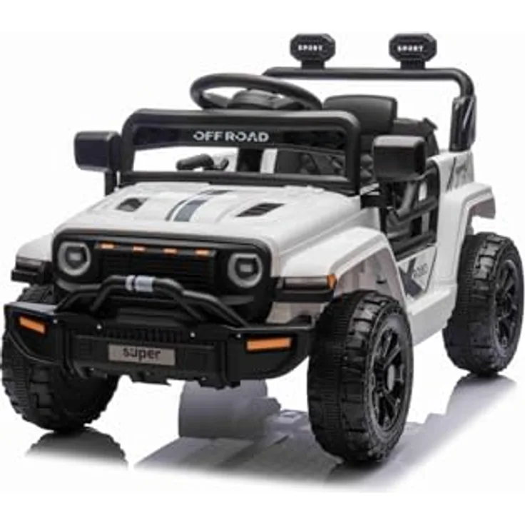 RIRICAR Kinder elektroauto Offroad New mit Hinterradantrieb, weiß, Lithium-Batterie, hohes Fahrgestell, breiter Sitz, Hinterradfederung, 2,4-GHz-Fernbedienung, MP3-Player mit USB/AUX-Anschluss, LED-Leuchten