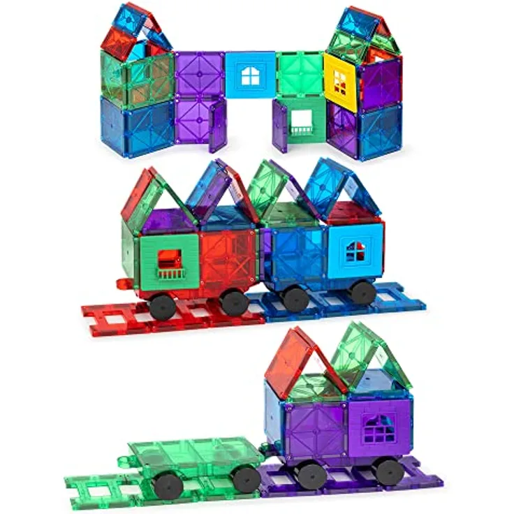 Playmags 3D Magnetische Blöcke Für Kinder - Magnetische Bausteine STEM Toys, Robuste, Super Haltbare Magnetfliesen Mit Lebendigen Klaren Farbfliesen Mit 4 Autos (50-Teiliges Set Mit 4 Autos)