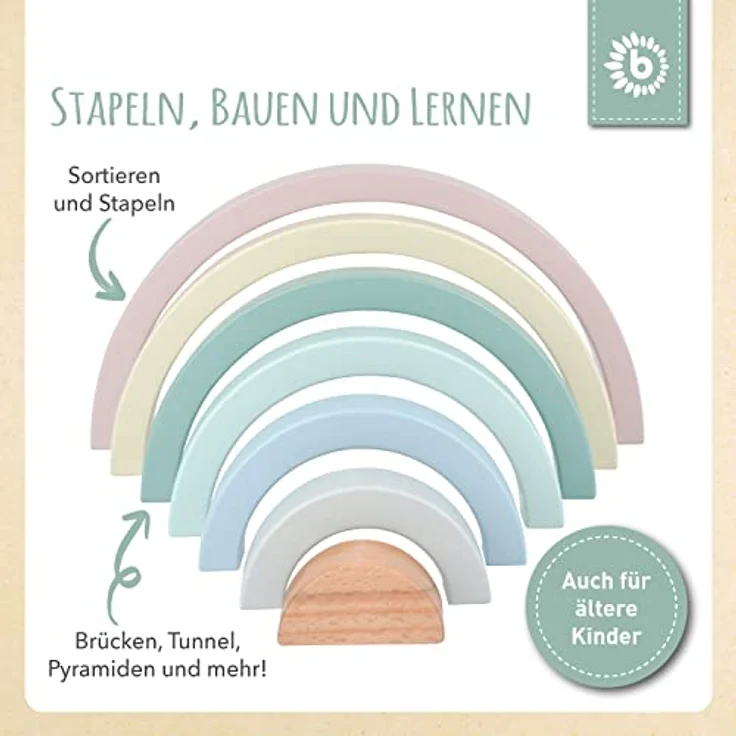 BIECO Stapelspielzeug Regenbogen, Holzspielzeug zur Förderung der Motorik, Pastellfarben, 24x12x3,5 cm – Bild 3