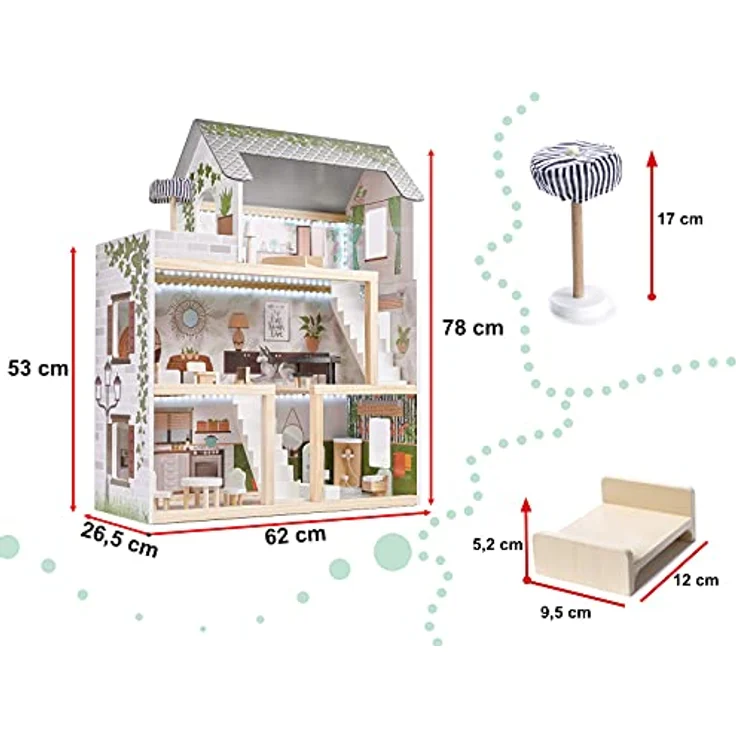 ikonka Puppenhaus aus Holz, 3 Etagen mit 4 Zimmern und Terrasse, komplett möbliert mit LED-Beleuchtung, B62 x H78 x T26,5 cm – Bild 4