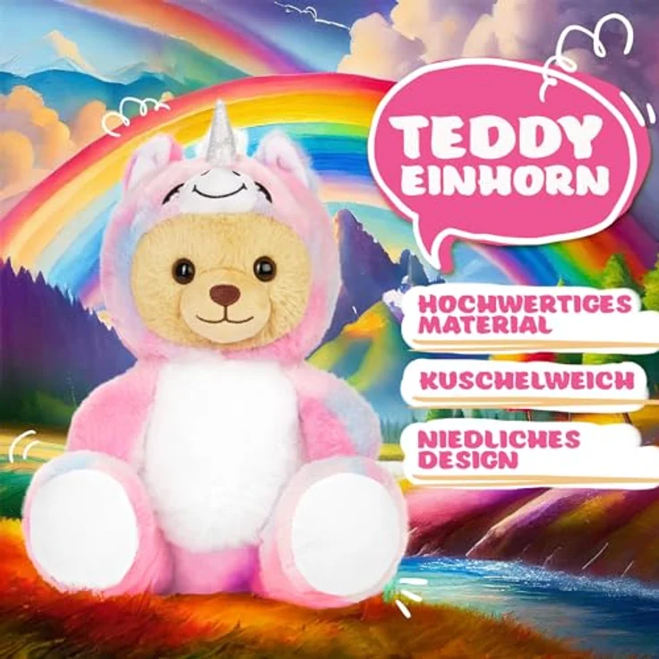 BRUBIES Teddy Einhorn - 25 cm Kuscheltier im Einhornkostüm mit abnehmbarer Kapuze - Weiches Plüschtier für kuschelige Abenteuer – Bild 2