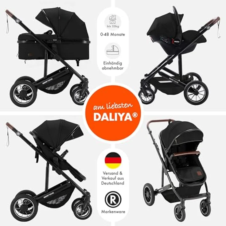 Daliya® FLEXI-PRO M 3in1 Kinderwagen & Buggy mit i-Size Babyschale, Memory-Knöpfen, leicht, großer Einkaufskorb, schwarz – Bild 2
