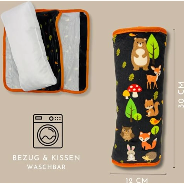HECKBO Auto Schlafkissen Waldtiere Motiv für Kinder Mädchen Jungen - maschinenwaschbar – kuschelweich - Auto Gurtkissen, Gurtschoner, Gurtschutz Sitzerhöhung, Auto Kissen, Reisekissen, Urlaub – Bild 3