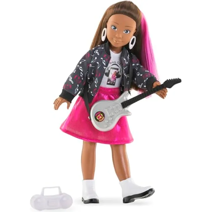 Corolle Girls Melody Musikstudio Set, Ankleidepuppe mit Pinker Strähne im Rockstaroutfit, 4-TLG. Zubehör, Vanilleduft, 28cm, ab 4 Jahre