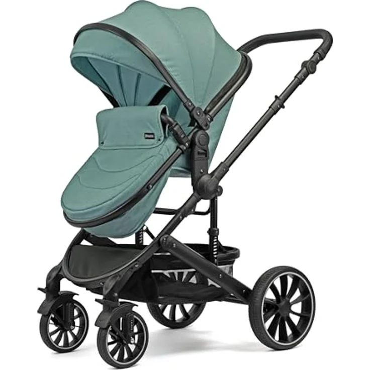 Pixini Kinderwagen Kalani 3in1 Kombikinderwagen, mint - mehrfach verstellbare Rückenlehne, 11-fach höhenverstellbarer Schieber, große Hinterräder, gefederte Vorderräder – Bild 3