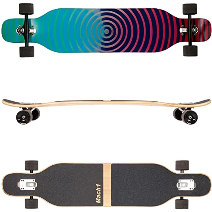 Mach1 Bambus Longboard mit Keramik Kugellager + T-Tool - Skateboard Drop Through Cruiser Komplettboard - 2852, symmetrisch gestaltet mit Camber für verbesserten Schwung - Bambus/Ahorn, 106 cm, 80A-Rollen - Schwarz/Grau – Bild 2