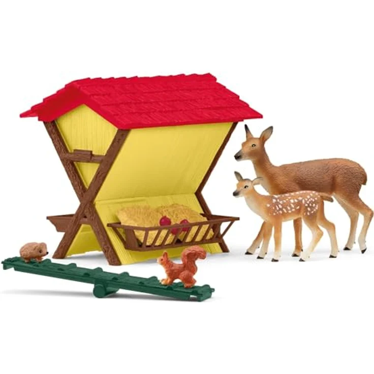 Schleich Fütterung der Waldtiere, Spielset mit Rotwild Kuh, Kalb und Futterkrippe, ca. 12 x 12,5 x 10 cm – Bild 6