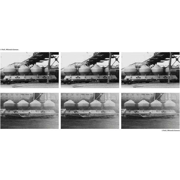 MiniTrix T18292 Silowagen-Set Bauart Uacs, 6 vierachsige Silowagen mit melonengelben Behältern, rotbrauner und mossgrüner Kastenaufbau, Betriebszustand um 1974