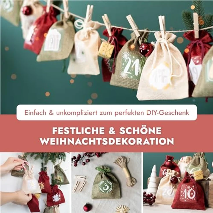 AMARI ® Adventskalender zum Befüllen Stoff - 24 Jutesäckchen (mit Holzklammern und Kordel) zum Basteln für Weihnachten - Stoffbeutel Adventskalender wiederverwendbar – Bild 5