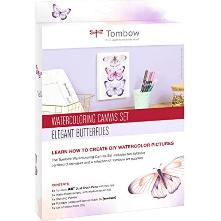 Tombow CANVAS-SET1 Watercoloring Canvas Set mit eleganten Schmetterlingen, inklusive 4 ABT Dual Brush Pens und Wassertankpinsel