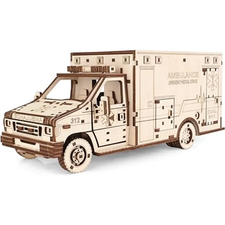EWA Eco-Wood-Art 3D Puzzle Krankenwagen EWA, Holzmodell mit 386 lasergeschnittenen Teilen und mechanischem Aufziehmotor – Bild 1