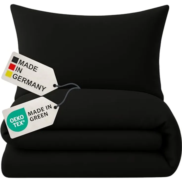 NYVI Biber Winter Bettwäsche Deluxe mit Reißverschluss - 100% Baumwolle, 145g/m², Einlaufschutz - 135x200 cm, Schwarz
