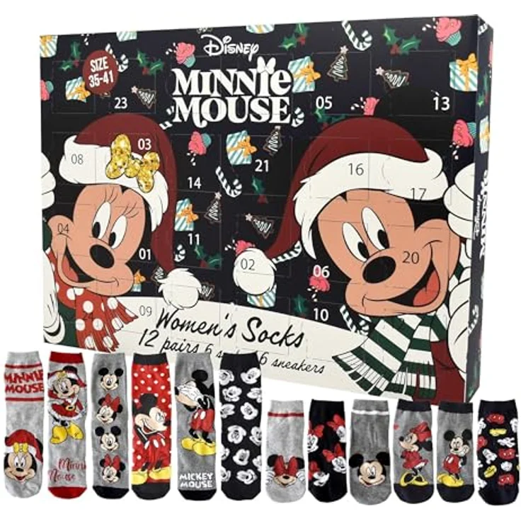 United Labels Disney Minnie Mouse Adventskalender, 12 Paar Socken für Damen Größe 35-41, Sneakersocken und lange Socken, offiziell lizenziertes Merchandise – Bild 1