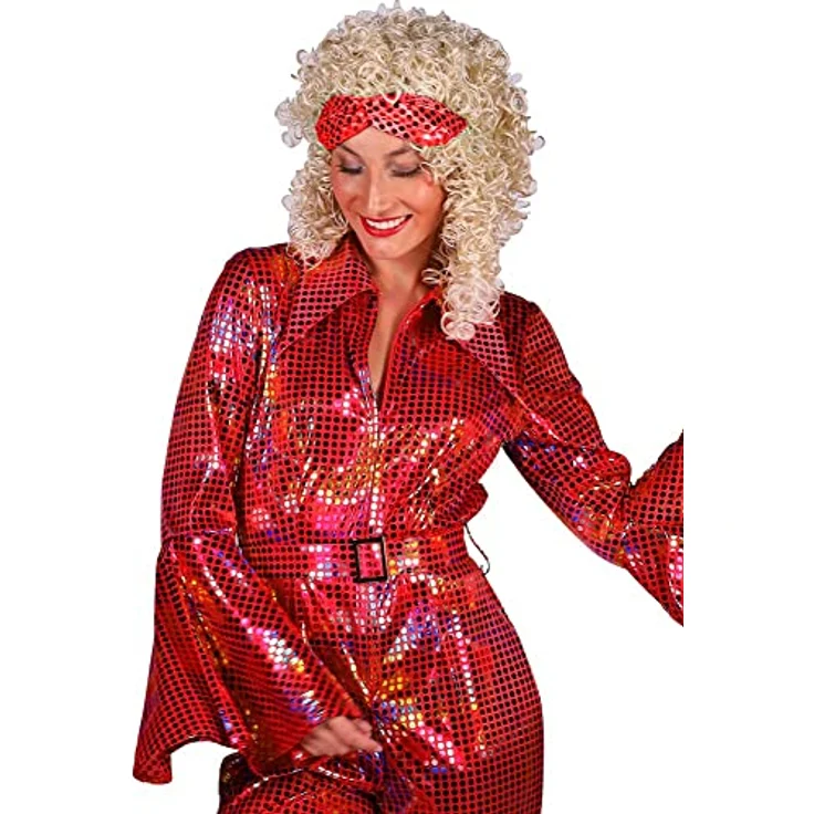 Thetru Disco Catsuit, roter Einteiler mit metallisch reflektierenden Punkten, Trompetenärmeln und Stoffgürtel, Größe S – Bild 3
