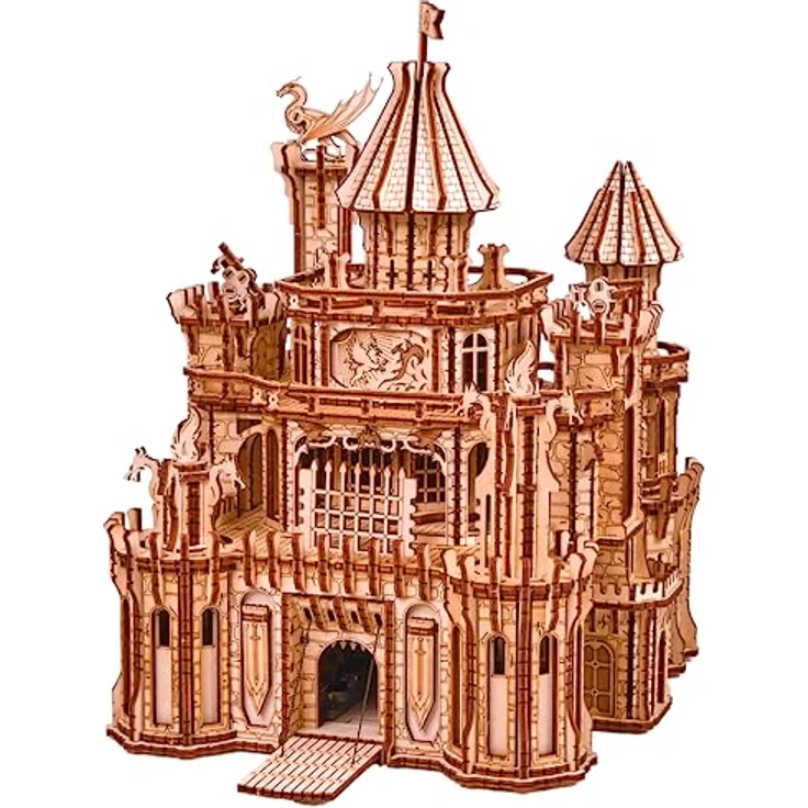 Wood Trick Dragon Castle Moveable Wooden 3D Puzzles for Adults and Kids to Build - Red LED - Greensleeves Melody - Towers Rotating - Engineering DIY Project Mechanical Model Kits for Adults Models – Bild 1