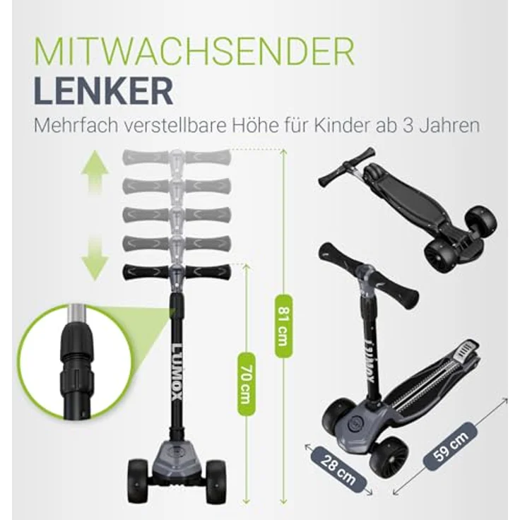 JUSKYS Kinderroller Lumox Schwarz, höhenverstellbarer Dreiradscooter mit LED-Rollen, 4-Farb-Blinkeinstellung, klappbar & Hinterradbremse – Bild 3
