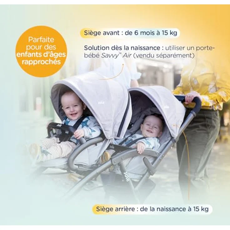 Joie Evalite Duo Zwillingswagen mit Regenverdeck, ultraleicht, ab Geburt bis 30 kg, SureLock™-Mechanismus, UV-Schutz 50+, 4-Rad-Einzelfederung, Coal, Gray Flannel – Bild 3