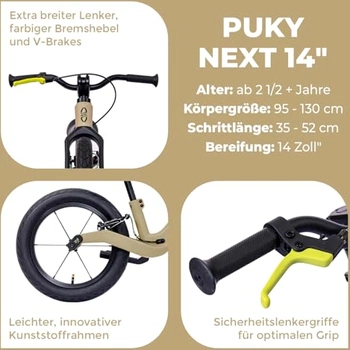 Bici Equilibrio PUKY Next 12" Sand/Black | Regolabile 2-6 Anni Con Tecnologia FlipChip E Freno A V | Leggera E Robusta