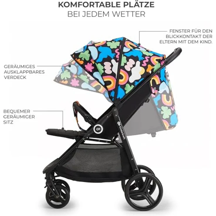 Kinderkraft GRANDE PLUS Buggy, für Kinder bis 22 kg, zusammenklappbar mit einer Hand, verstellbare Liegeposition, großes Verdeck mit Fenster, gedämpfte Räder, geräumiger Sitz, Happy Shapes – Bild 5