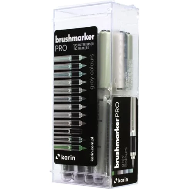KARIN Brushmarker PRO 12 Grey Colours Set, Brushmarker mit Ink-Free System, 2,4 ml flüssiger Farbe auf Wasserbasis – Bild 1