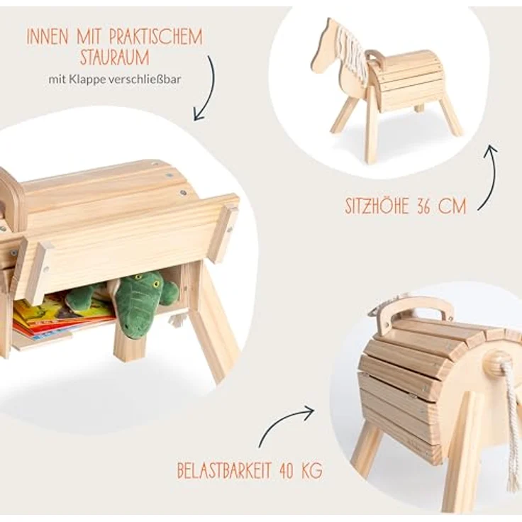 PINOLINO Holzpferd Nelli, Spielpferd aus klar lackiertem Birken- und Fichtenholz, mit Stauraum und Baumwollmähne, 70x33x55 cm, für Kinder ab 2 Jahren, bis 40 kg – Bild 4
