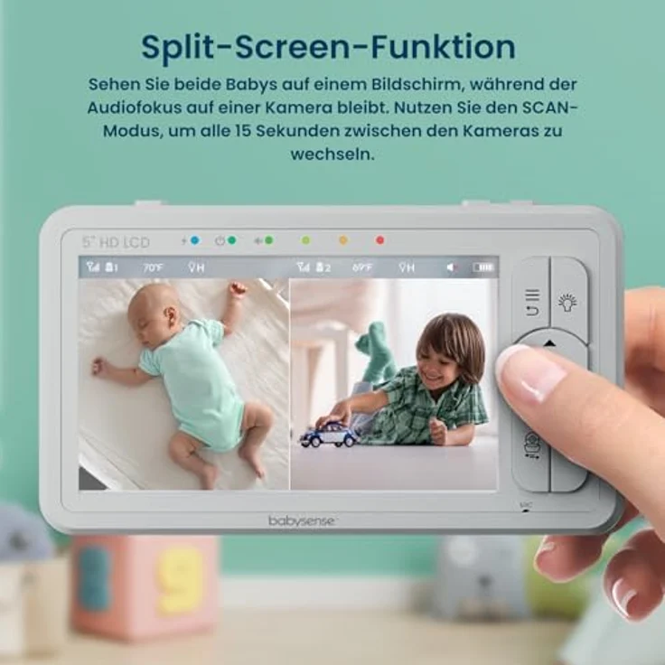 Babysense Babyphone HD 5 Zoll mit 2 Kameras, Video Babyphone ohne WLAN, Nachtlicht, Wiegenlieder, 300m Reichweite, Zwei-Wege-Audio, 4-facher Zoom, 4000mAh Akku – Bild 2