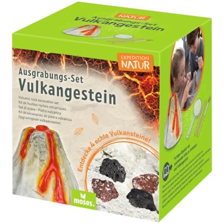 moses. Expedition Natur Ausgrabungs-Set Vulkangestein, Urzeitliches Ausgrabungsset mit 4 echten Vulkansteinen und farbigem Booklet über Vulkane