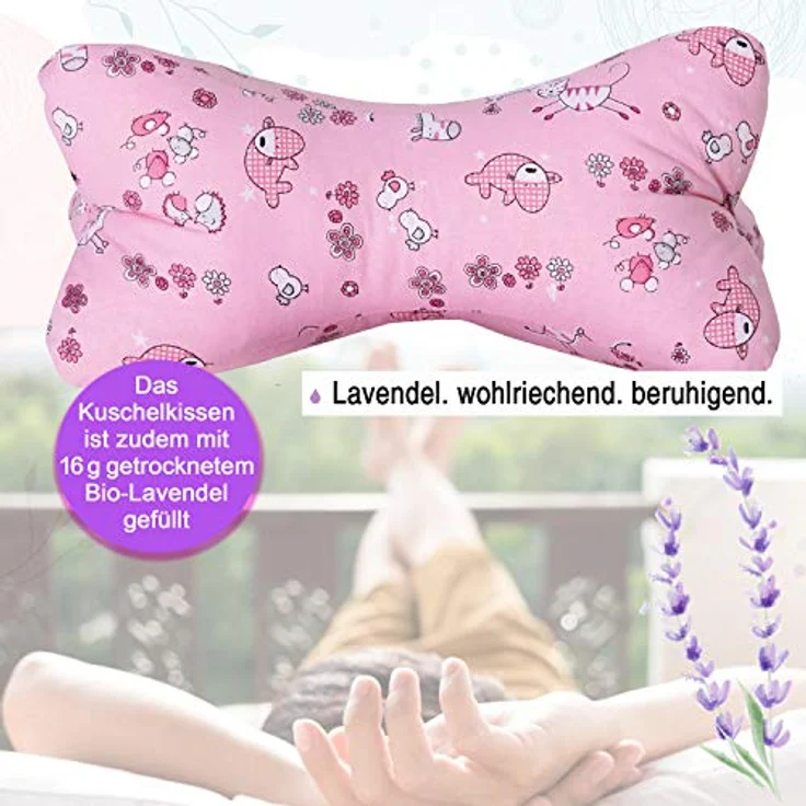 Dr. Berger Leseknochen Set LEA, ergonomisches Kinderkissen Nackenrolle mit BIO-Lavendel und Kirschkernkissen, 100% Baumwolle, pink – Bild 4
