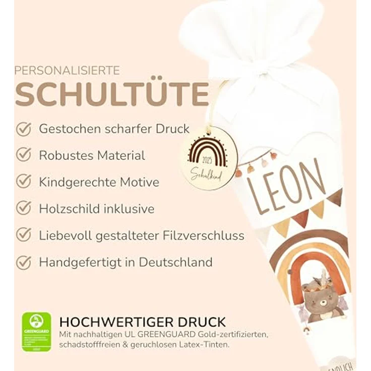 Kidsmood Regenbogen Schultüte personalisiert mit Namen, DIY Zuckertüte inkl. Stoff & Schulkind-Schild für Einschulung 2026 – Bild 2