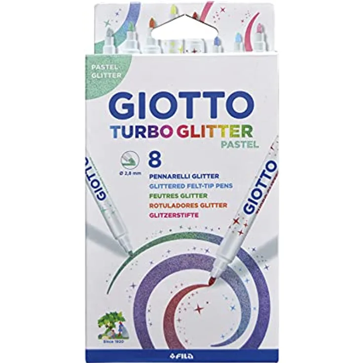 GIOTTO 4263 00 - Turbo Glitter, 8 Fasermaler in Pastellfarben mit sicherheitsverschlossener Kappe