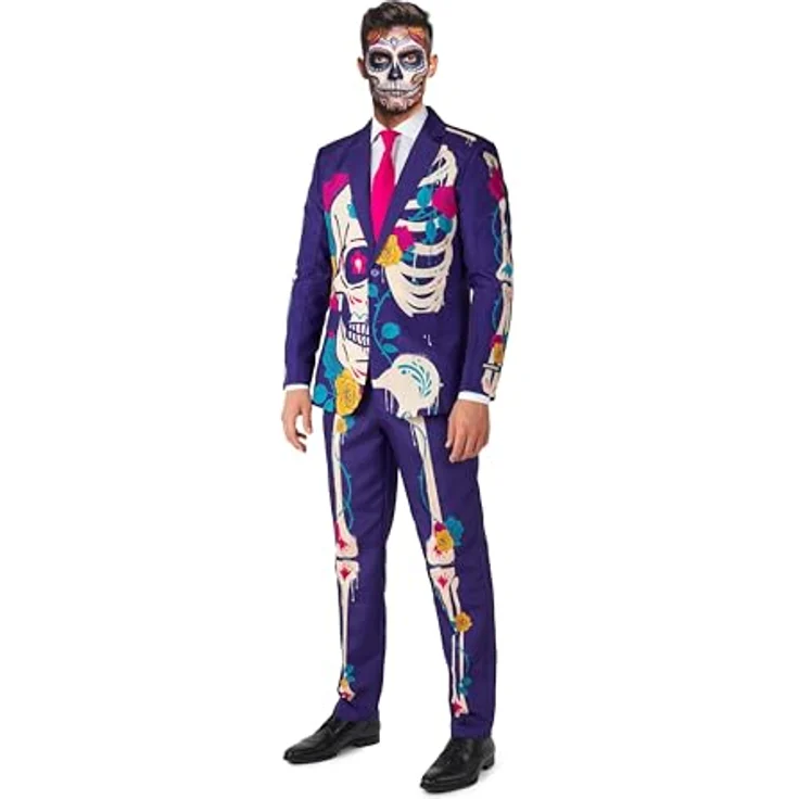 Suitmeister Sugar Skull - Totenkopf Party Anzug im Slim-Fit Schnitt mit Jackett, Hose und Krawatte, schwarz-weiß – Bild 3