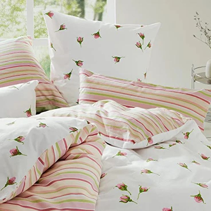 REDBEST Wende-Bettwäsche, Bettbezug, Kissenbezug Flanell Rosen und Streifen rosé Größe 155x220 cm (40x80 cm) - mollig warm, temperaturausgleichend, pflegeleicht, mit Reißverschluss – Bild 4