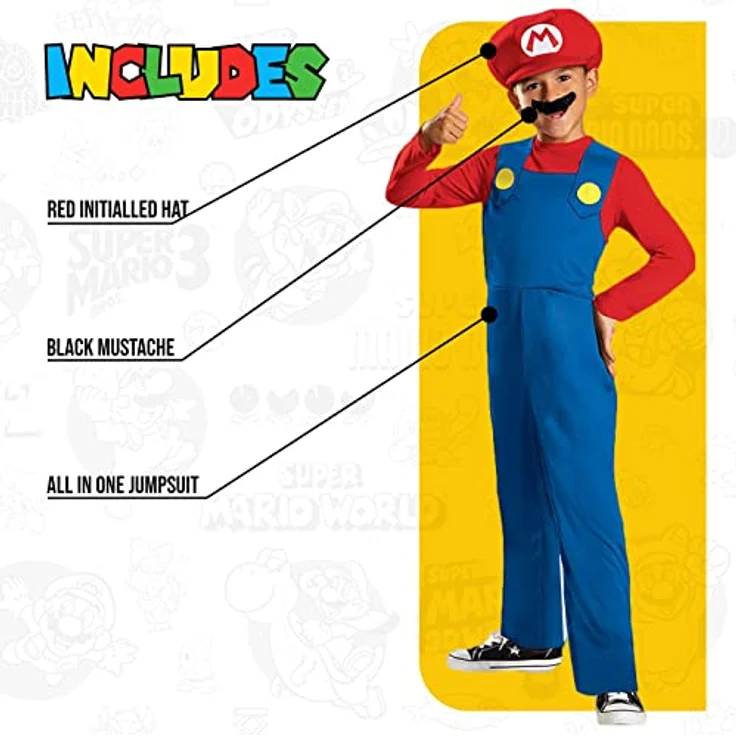 Disguise Super Mario Bros DISK73689L klassisch Costumes, S - Jumpsuit, Mütze und Schnurrbart, offiziell von Nintendo lizenziert – Bild 3