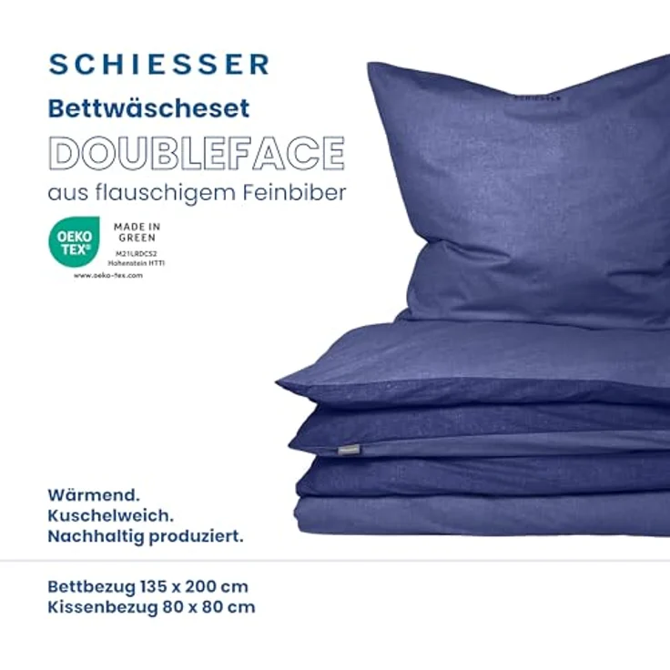 Schiesser Feinbiber Wendebettwäsche Doubleface, 100% Baumwolle, Farbe:Blau und Dunkelblau, Größe:135 cm x 200 cm – Bild 2