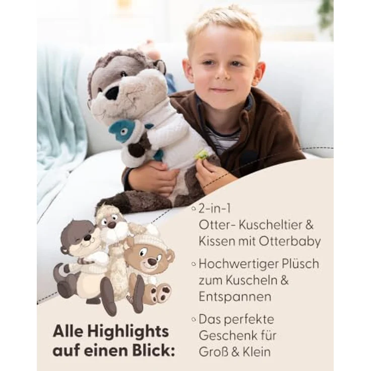 NICI Kuschelkissen Otter Ophelio, 40 × 20 cm Plüschotter in Braun mit kleinem Fisch – Bild 4