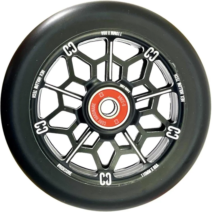 "Core Action Sports Stuntscooter Core Hex Hollow Stunt-Scooter Rolle 110mm Schwarz, Leichte Aluminium 6061 Konstruktion, ABEC-9 Kugellager, 88A Rollenhärte" – Bild 1