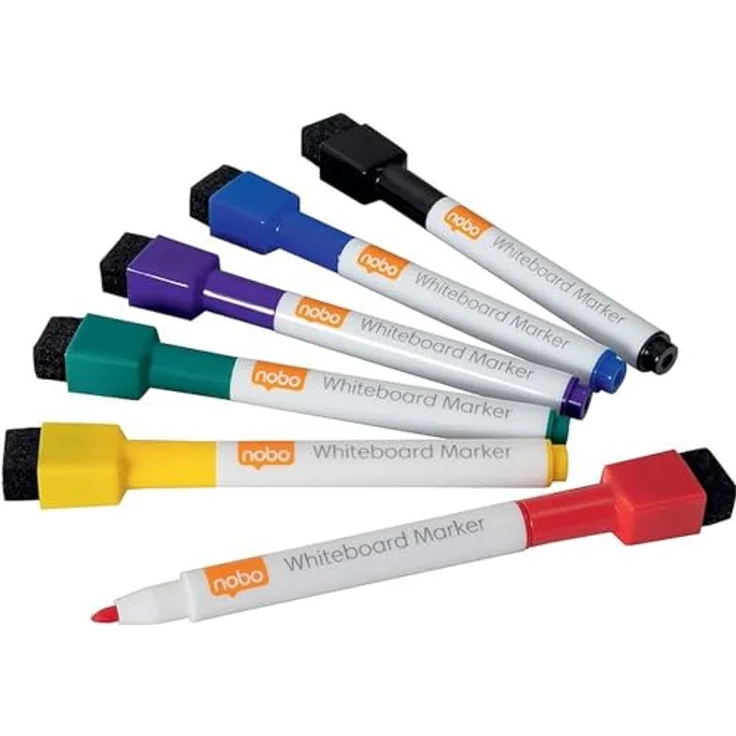 NOBO Mini Whiteboard Marker, magnethaftend und trocken abwischbar, 6 Stück sortiert in gelb, rot, blau, grün, lila und schwarz – Bild 2