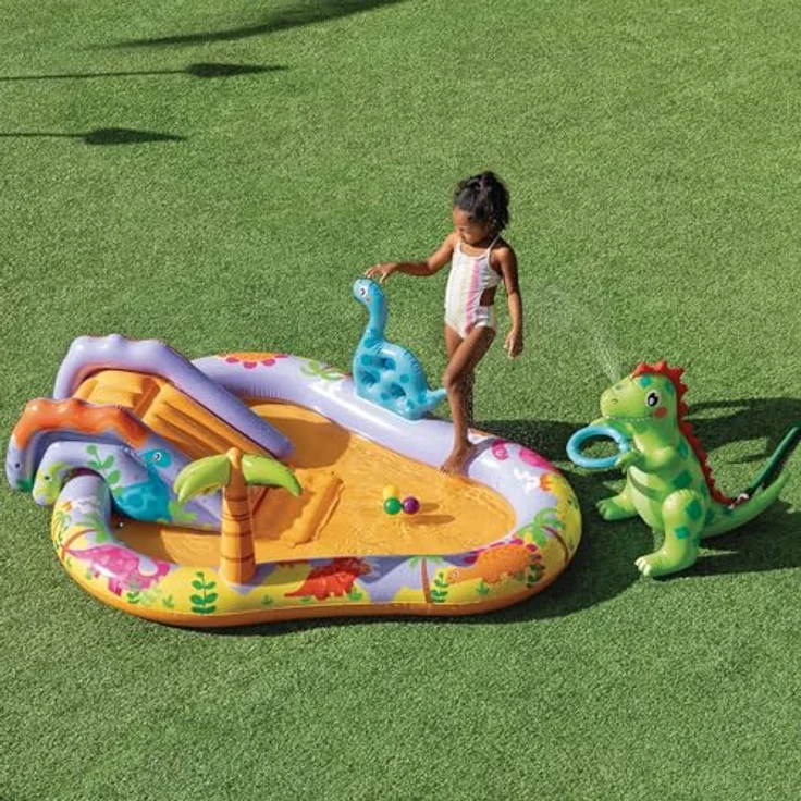 Intex Dino Park Wasserspielzentrum, aufblasbarer Dinosaurier mit Rutsche und Wassersprüher, 201 x 157 x 69 cm, für Kinder ab 2 Jahren, max. 54 kg, inkl. 6 Bälle – Bild 3