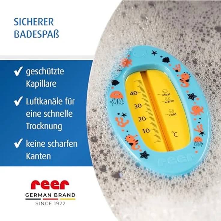 Reer Baby-Badethermometer oval, kindersicheres Bade-Thermometer mit optimaler Badetemperaturanzeige, quecksilberfrei, hoher Messbereich von 0 °C bis 50 °C, übersichtliche Skala, blau – Bild 5