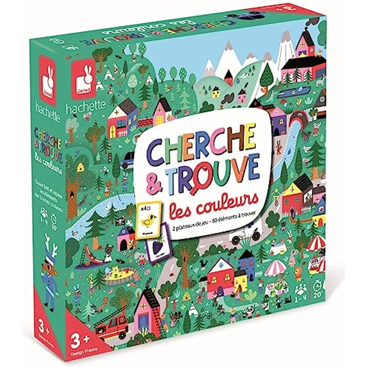 Janod Suche und finde die Farben, Brettspiel zum Farbenlernen für 1-4 Spieler, ab 3 Jahren, 80 Karten, inkl. Spielbrett und Chips – Bild 1
