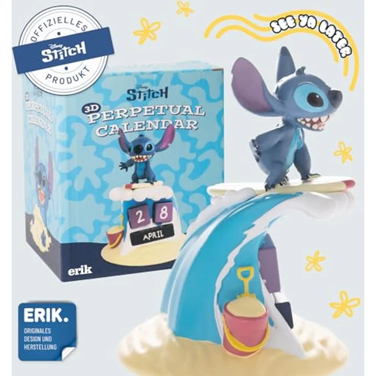 Grupo Erik Stitch 3D Ewiger Kalender Surfer, handbemalt aus hochwertigem Harz, mit Datumsblöcken, 15,5 x 11,7 x 11,7 cm – Bild 5