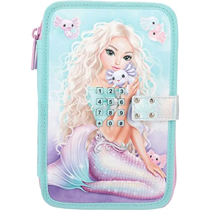 Depesche 12299 TOPModel Mermaid - Gefüllte 2-Fach Federtasche in Türkis und Lila, mit Meerjungfrauenmotiv und Code, Federmäppchen mit Buntstiften, Schere, Lineal uvm.