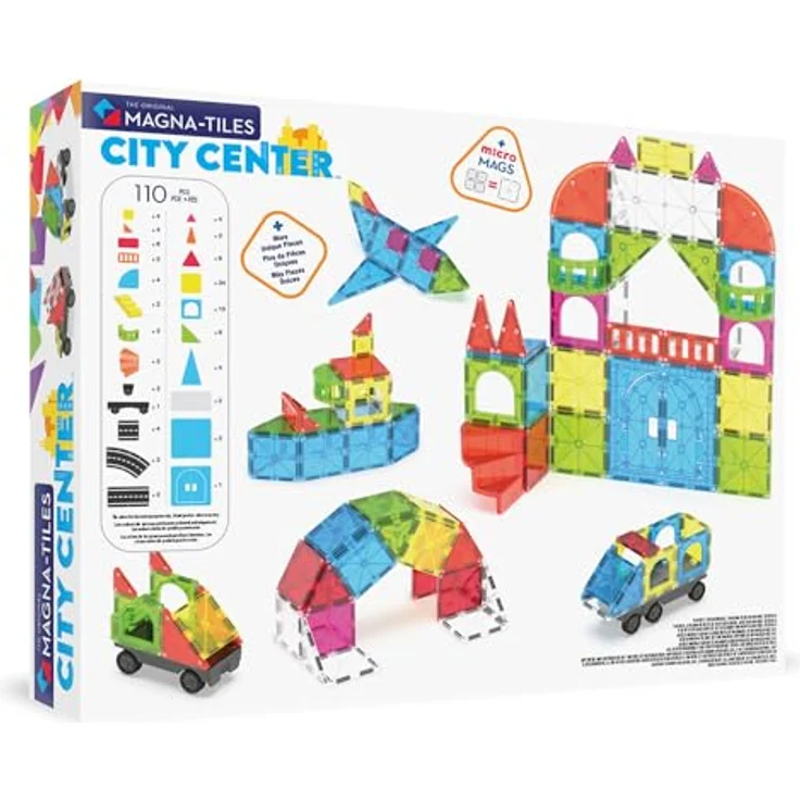 Magna-Tiles® City Center, 110-teiliges Magnetbauset mit Straßenstücken, Wendeltreppen und Fahrzeugen für kreatives Spielen – Bild 2