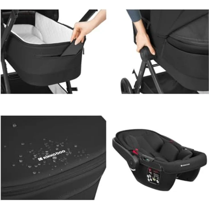 Kikkaboo Kombikinderwagen Mia 3 in 1, 3-in-1 Kinderwagenset mit Babywanne, Babyschale, Wickeltasche, bis 22 kg, Aluminiumrahmen, verstellbare Rückenlehne, abnehmbares Sonnendach, grau – Bild 6