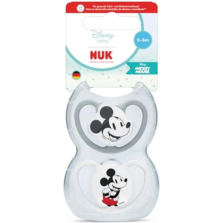 NUK Perfect Match Air Baby Schnuller, 0-6 Monate, orthodontisch, fördert Luftzirkulation & beugt Speichel-Ausschlag vor, 95% Baby-Akzeptanz, Disney Micky Maus, 2 Stück – Bild 1