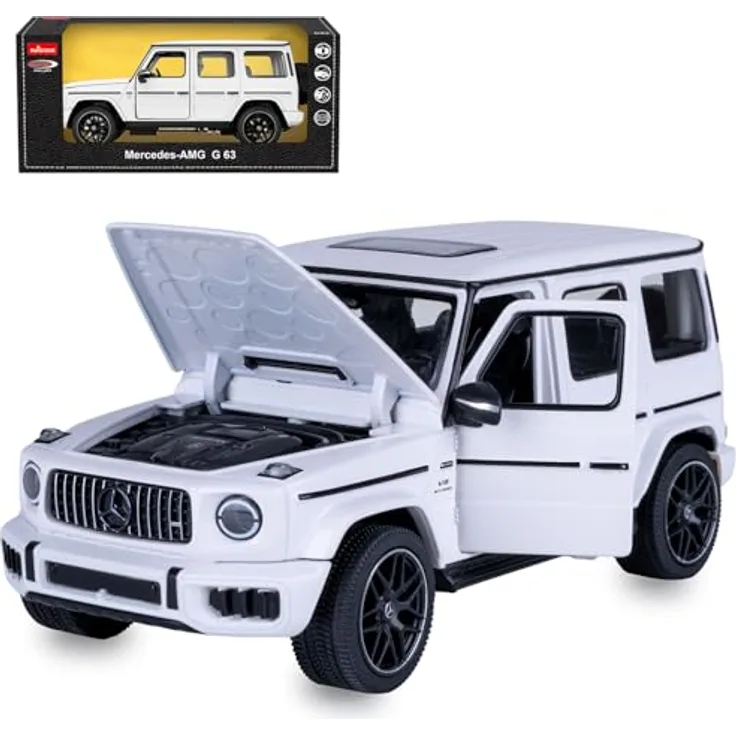 JAMARA Mercedes-AMG G 63 Diecast 1:24, Modellauto aus Metall in Weiß mit beweglichen Teilen und detailgetreuem Innenraum