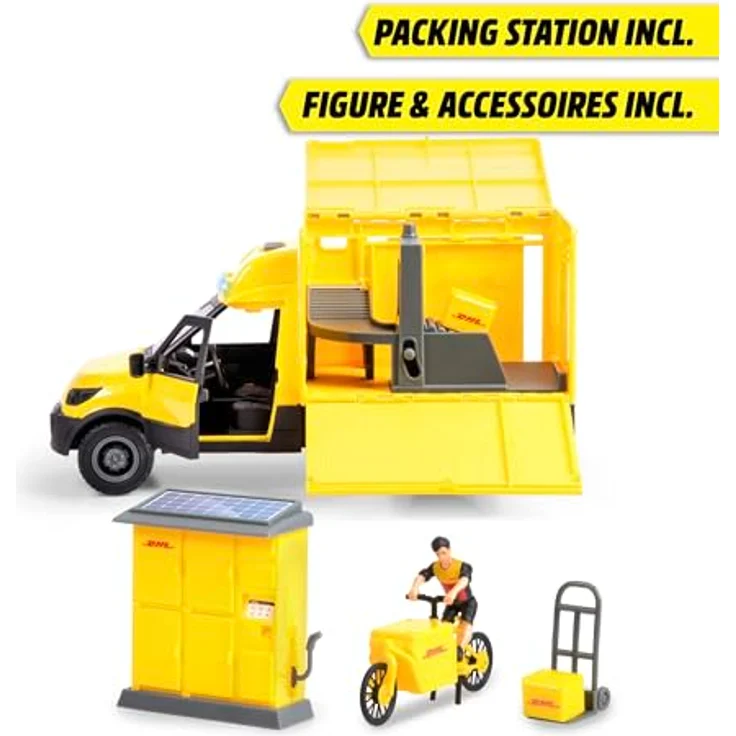 Dickie Toys DHL Delivery Set, Spielzeugauto mit Licht und Sound, inkl. Postbote, Fahrrad und Packstation, 25 cm – Bild 3