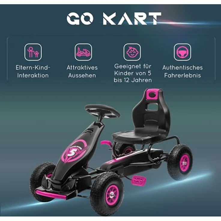 HOMCOM Go-Kart Kinderfahrzeug mit verstellbarem Sitz, Tretfahrzeug, Handbremse, für 5-12 Jahre Kinder, Rosa, Schwarz – Bild 9