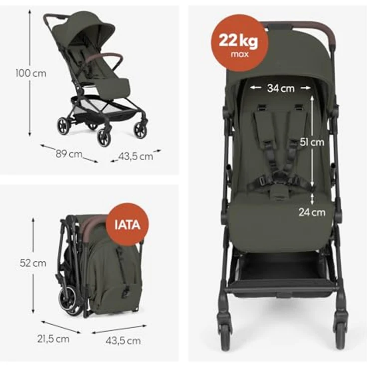hauck Lite N Care - Ultraleichter Carbon City- & Reisebuggy, IATA-konform, Klein faltbar mit Tragegurt, Liegefunktion, ab Geburt bis 22 kg, UPF 50+, XL Netzfenster, Pannensicher - Dark Olive – Bild 5